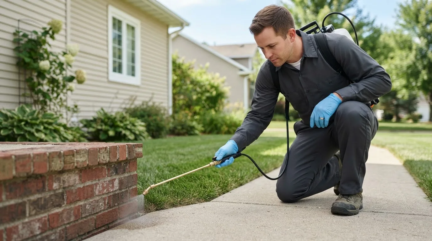 Pest control technician treating a home near Freeman Spur, IL