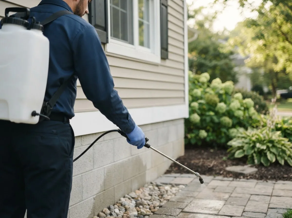 Pest control technician inspecting a home in Freeman Spur, IL
